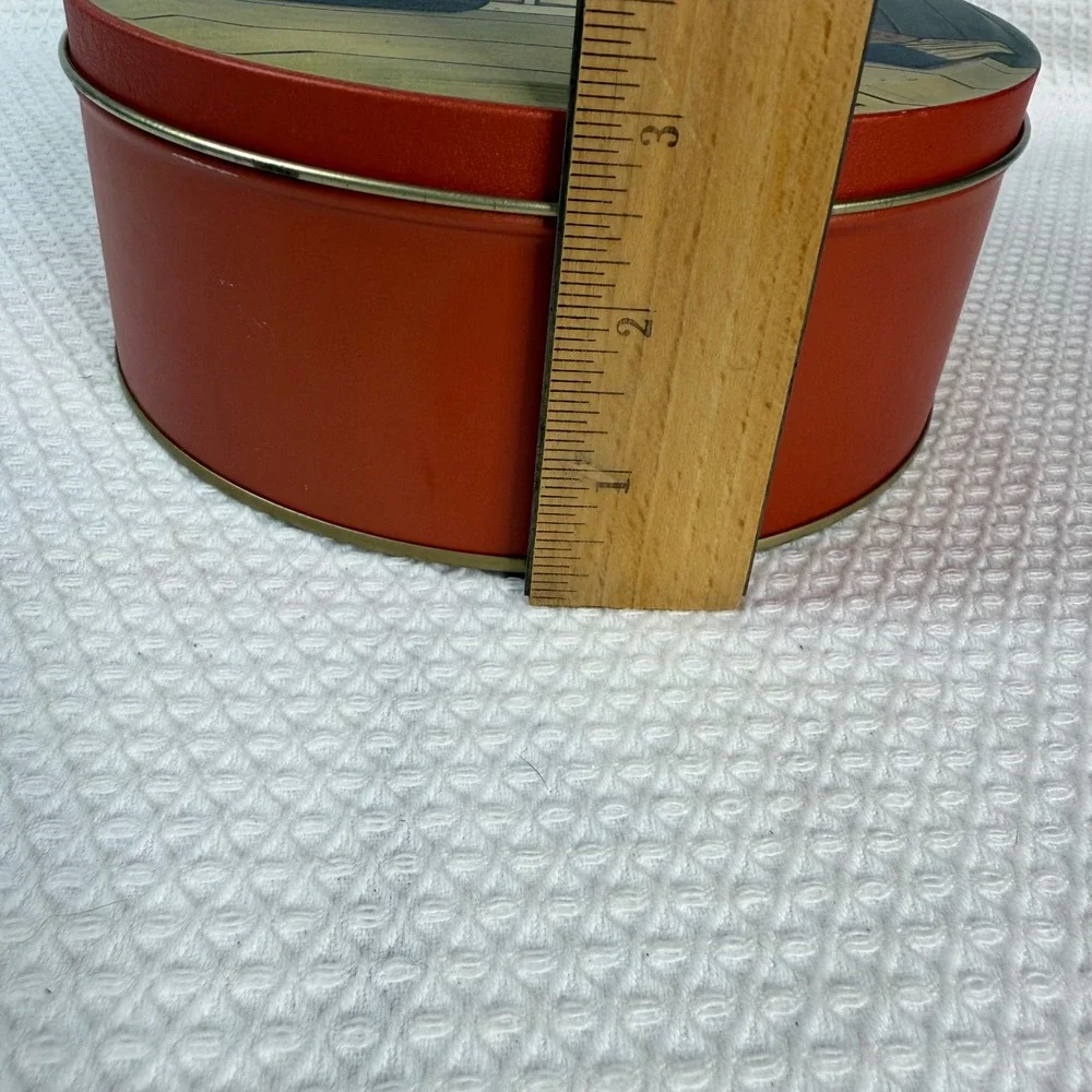 Vintage Holiday Ducks Folk Art Round Metal Decorative Tin Red 7in Cottagecore